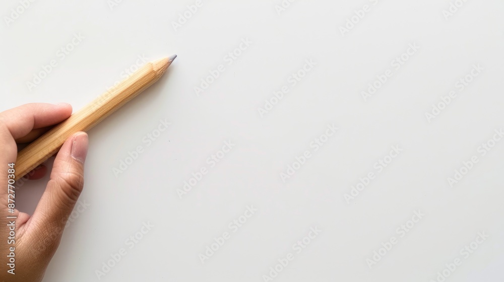 Obraz premium Large wooden pencil in hand on white background with space for text