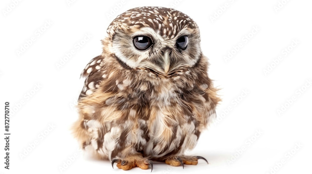 Naklejka premium Charming wild owl with fluffy feathers on white background