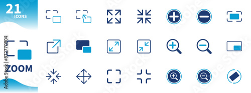 Zoom icon. Set of icons for screen ratio, expand, shrink screen, increase, decrease,...