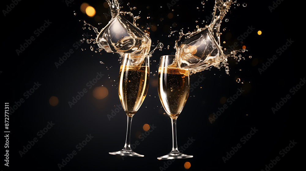 Champagne glasses with liquid spraying out as they are raised in a toast Champagne glasses with liquid spraying out as they are raised in a toast