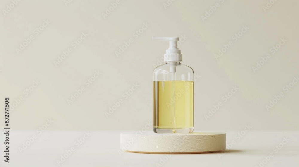 Sleek glass bottle with oil on stand Dispenser repair and moisturize for hair Beauty concept with space white background Sleek glass bottle with oil on stand Dispenser repair and moisturize for hair Beauty concept with space white background