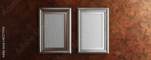 Two silver frames on a rich brown wall, avant-garde gallery mockup captured in high definition.