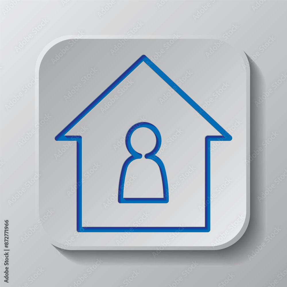 Human, house simple icon vector. Flat design. Paper cut design. Cutted blue symbol with shadow. Gray badge button, gray background Human, house simple icon vector. Flat design. Paper cut design. Cutted blue symbol with shadow. Gray badge button, gray background