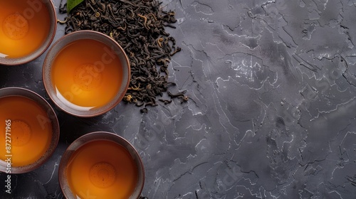 Top view of oolong tea cups on grey background with room for text photo