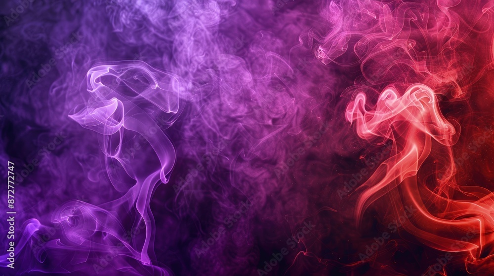 Abstract background featuring dramatic smoke in a fusion of royal purple and bold red, symbolizing luxury and passion, close-up view. Abstract background featuring dramatic smoke in a fusion of royal purple and bold red, symbolizing luxury and passion, close-up view.