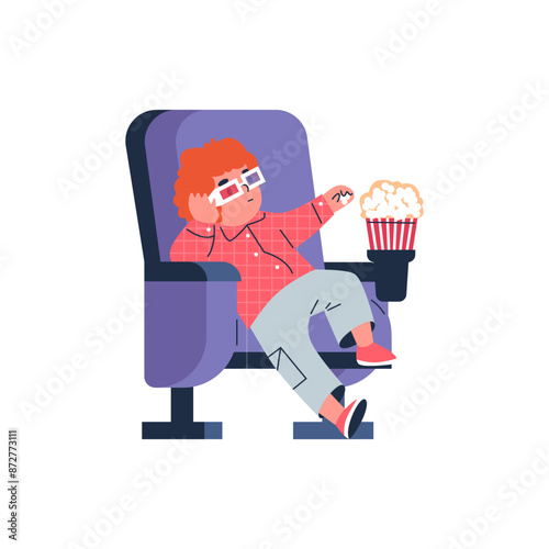 Vector illustration depicting a child who is passionate about watching a movie, wearing 3D glasses.