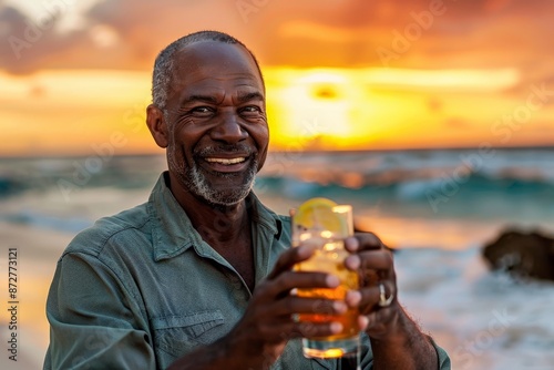 A man holding a drink and smiling at the beach during sunset, surrounded by the warm orange hues of the setting sun, reflecting relaxation and joy. photo