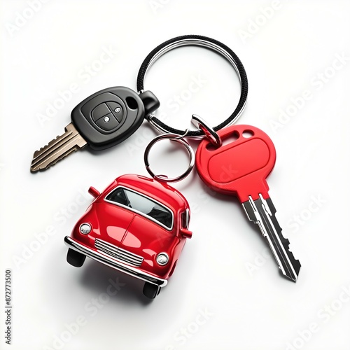 Car key with red car shaped keyring on white background
