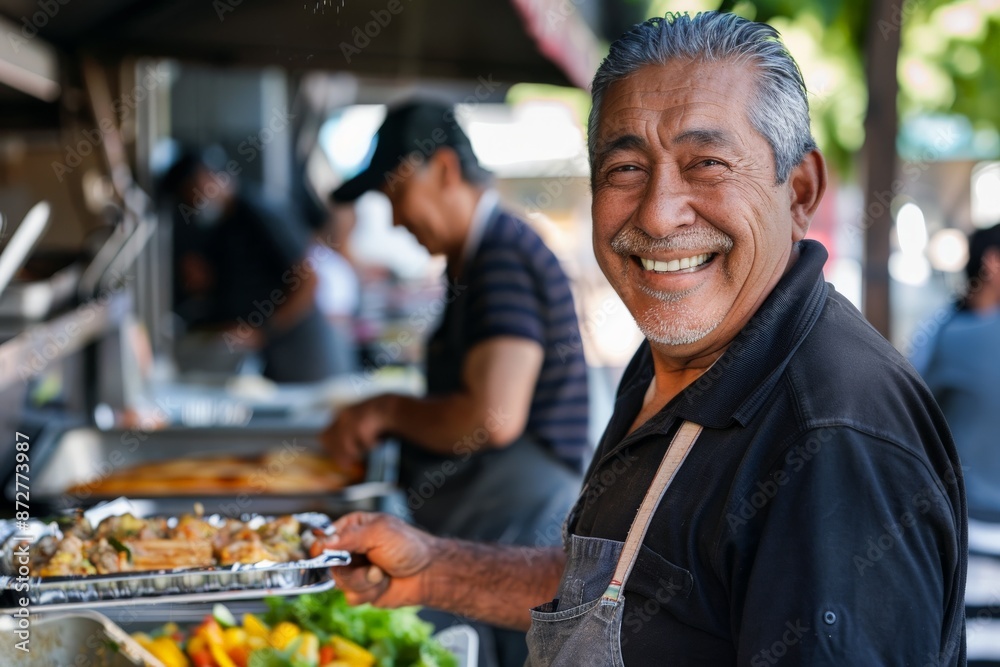 An elder cook in a black shirt happily serves a meal from a bustling kitchen, encapsulating the joy and satisfaction derived from his culinary craft in a sunny outdoor. An elder cook in a black shirt happily serves a meal from a bustling kitchen, encapsulating the joy and satisfaction derived from his culinary craft in a sunny outdoor.