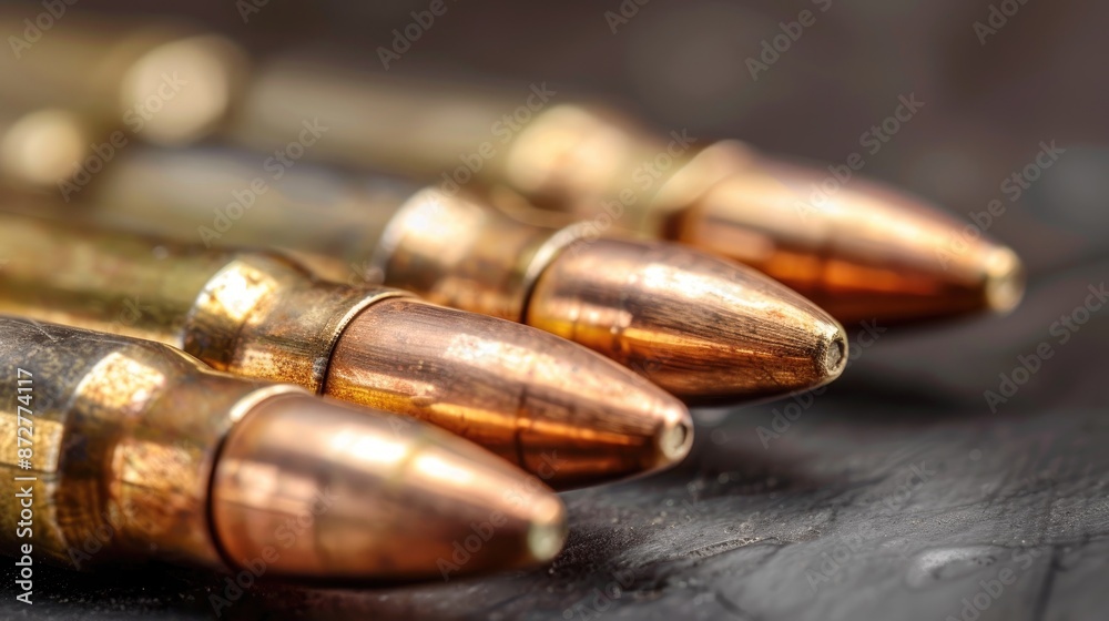 Close up of 7 62 caliber Kalashnikov bullets on gray background Close up of 7 62 caliber Kalashnikov bullets on gray background