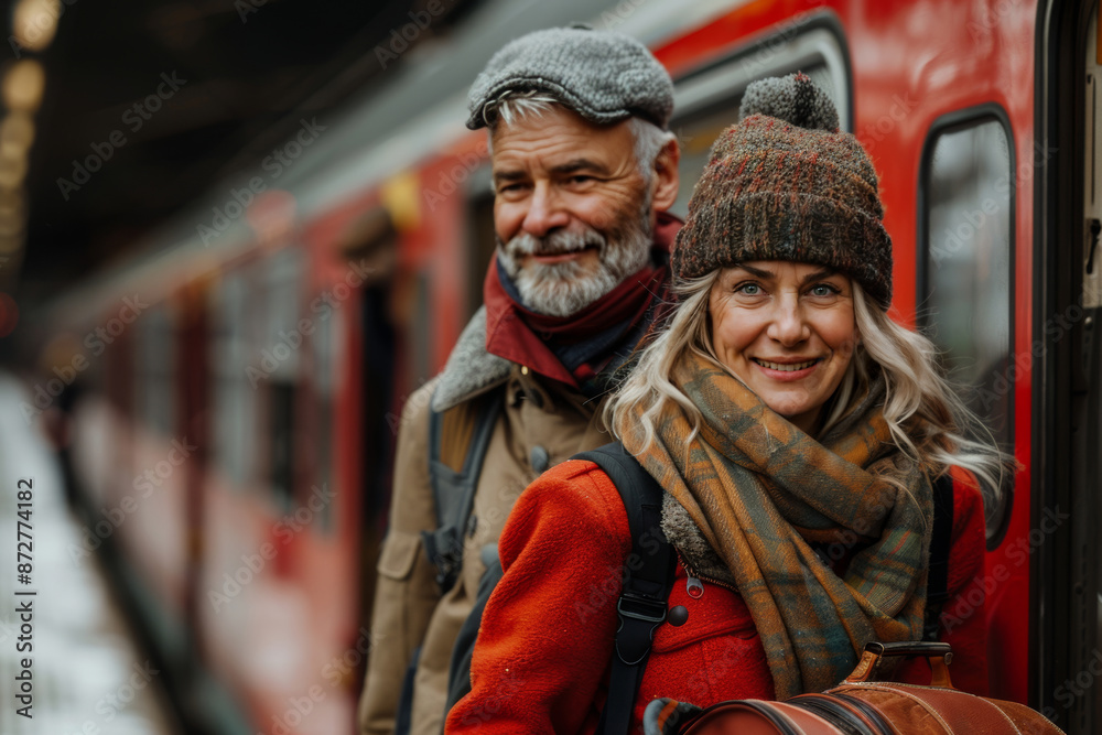 Middle-aged couple boarding a train with luggage Middle-aged couple boarding a train with luggage
