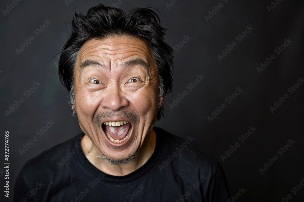 An excited man is depicted with a big toothy smile and wide open eyes, set against a solid dark background, giving a sense of enthusiasm and joy. An excited man is depicted with a big toothy smile and wide open eyes, set against a solid dark background, giving a sense of enthusiasm and joy.
