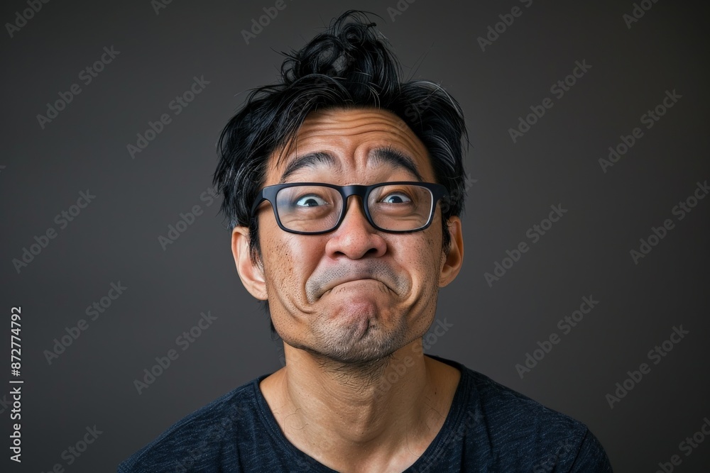 Obraz premium A man wearing glasses making a funny face, with a mischievous expression and raised eyebrows, standing against a simple gray background.