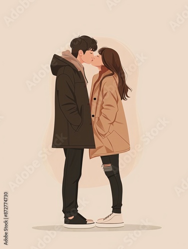 Wallpaper Mural minimal illustration of young Asian couple kissing, full body shot, concept of love and romance Torontodigital.ca