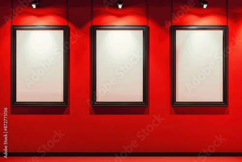 Three frames on a vibrant red wall, staggered vertically, each highlighted by an individual spotlight, creating a striking visual effect in