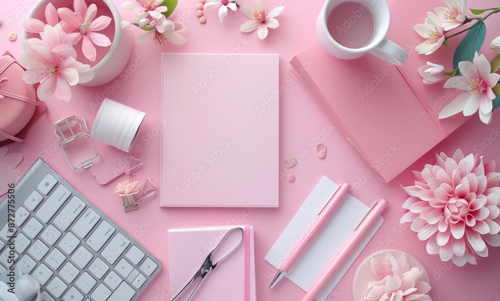 Pastel pink workspace with stationary items, flowers, and a cup of coffee for a feminine and creative setting Pastel pink workspace with stationary items, flowers, and a cup of coffee for a feminine and creative setting