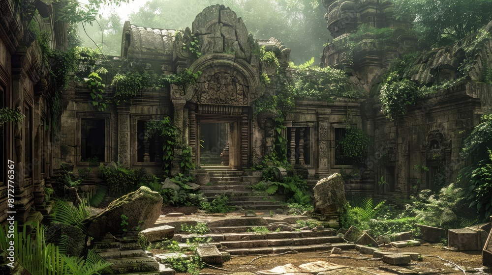 An ancient ruin site with crumbling structures and overgrown vegetation An ancient ruin site with crumbling structures and overgrown vegetation