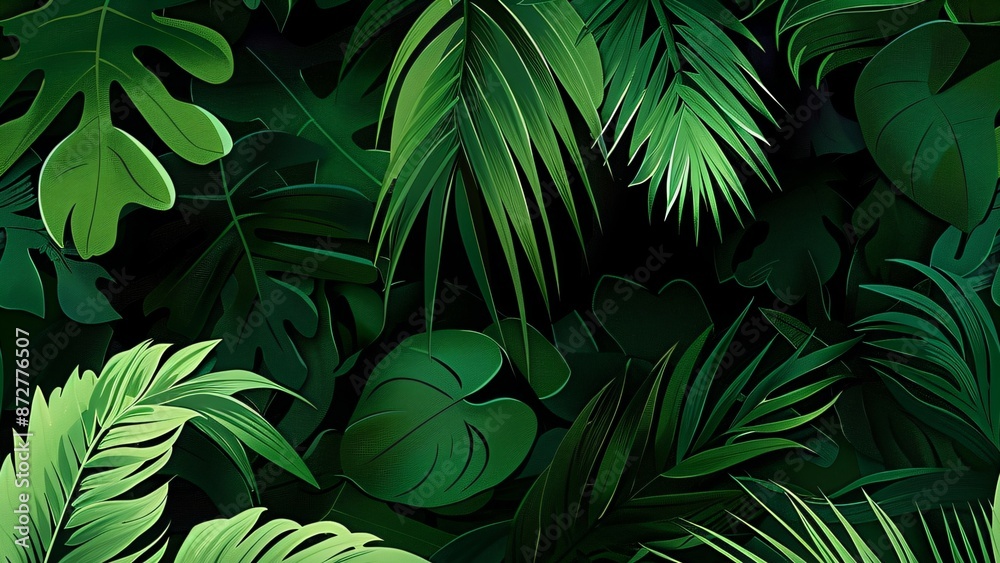 The backdrop is a seamless pattern of lush tropical foliage in green tones, creating a sense of depth and movement The backdrop is a seamless pattern of lush tropical foliage in green tones, creating a sense of depth and movement