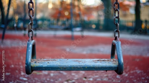 An empty swing moving gently in the wind in a deserted playground