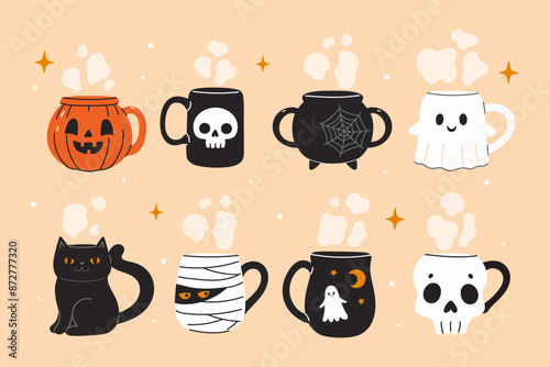 Postcard or poster with a set of cute Halloween mugs. Vector graphics.