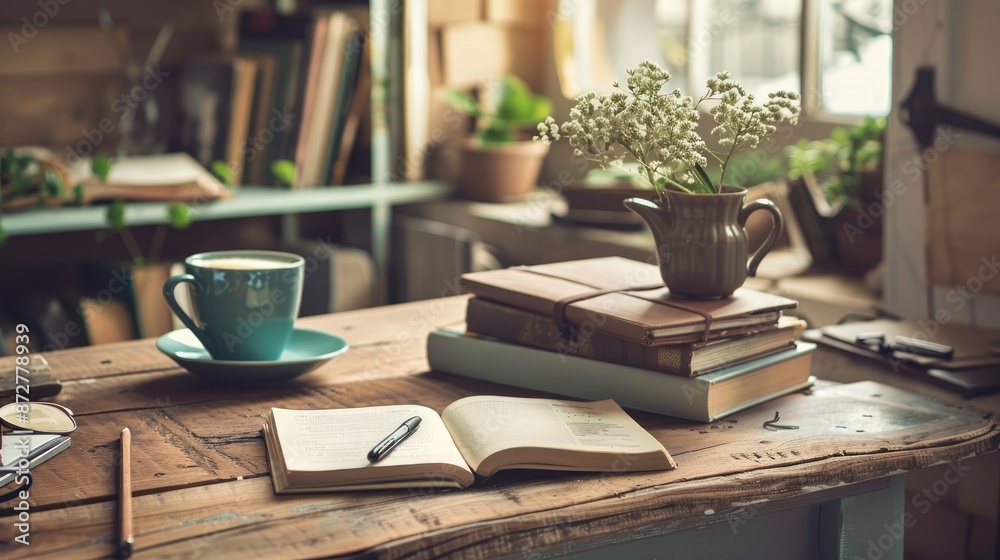Stylish home office setup with books coffee and supplies Stylish home office setup with books coffee and supplies