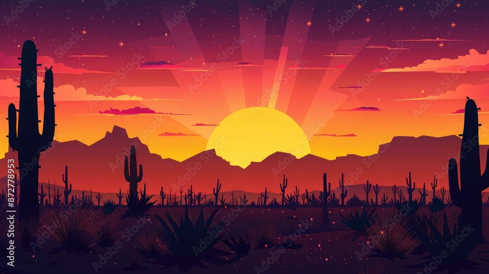 Naklejka premium Silhouette of a desert landscape with cacti against a vibrant sunset