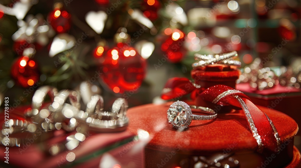 Fototapeta premium Jewelry store s winter holiday sale with Christmas tree ribbon and engagement rings as decorations