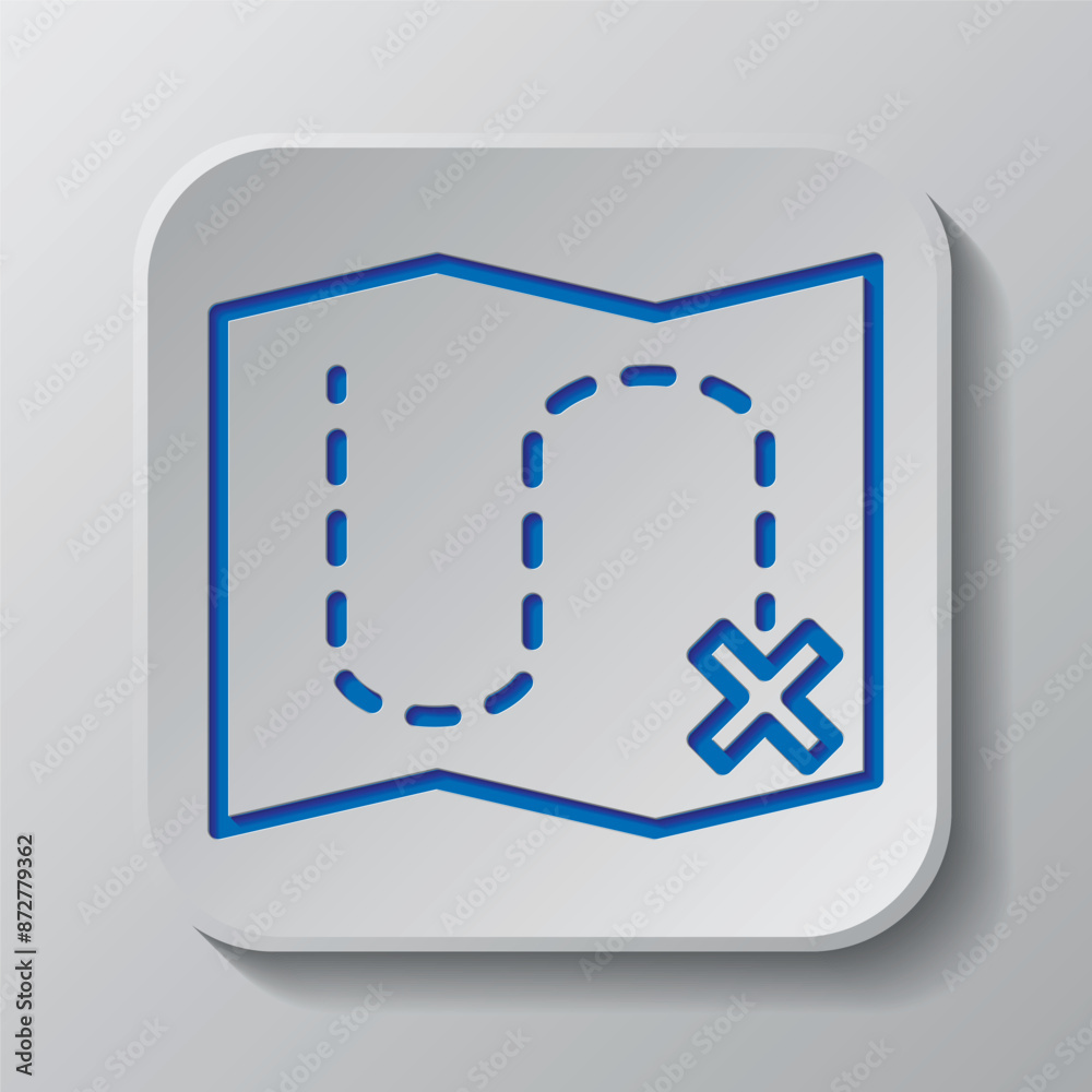 Map, route simple icon vector. Flat design. Paper cut design. Cutted blue symbol with shadow. Gray badge button, gray background Map, route simple icon vector. Flat design. Paper cut design. Cutted blue symbol with shadow. Gray badge button, gray background