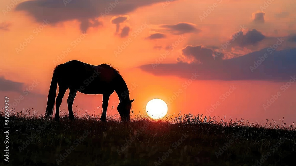 Silhouette of a horse grazing in a field at sunset Silhouette of a horse grazing in a field at sunset