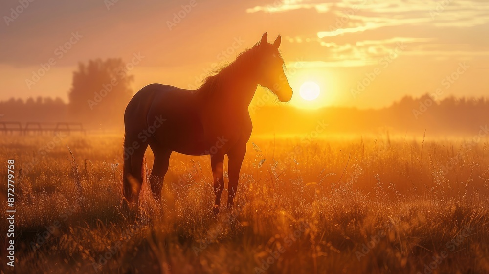 Silhouette of a horse standing in a field at sunrise Silhouette of a horse standing in a field at sunrise