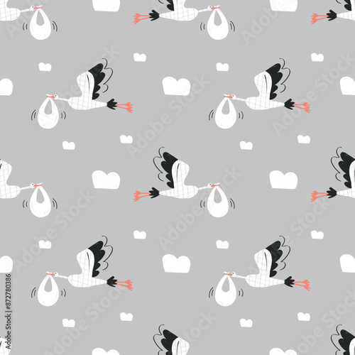Cute stork seamless pattern. bird cartoon character. flat vector illustration. Template baby photo album, pattern for wallpapers, textile or nature background. childish motifs, baby shower concept 