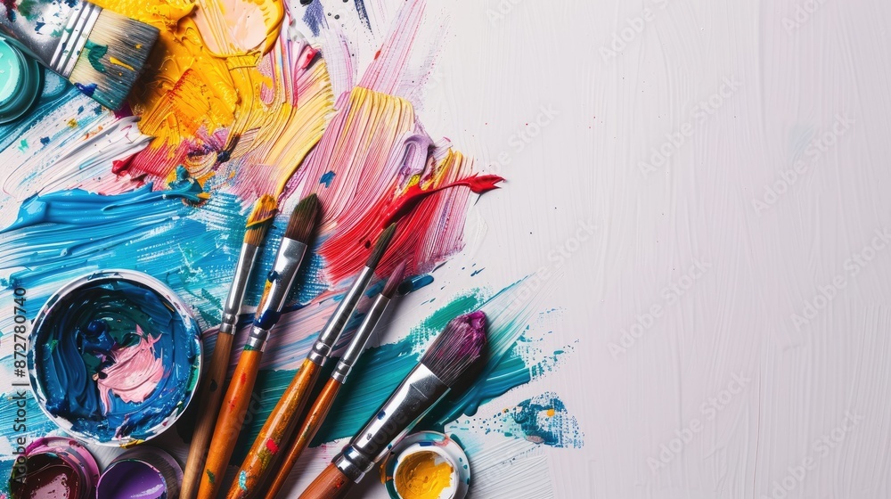 Obraz premium Accessories for artistic expression with vibrant paints and brushes on white backdrop