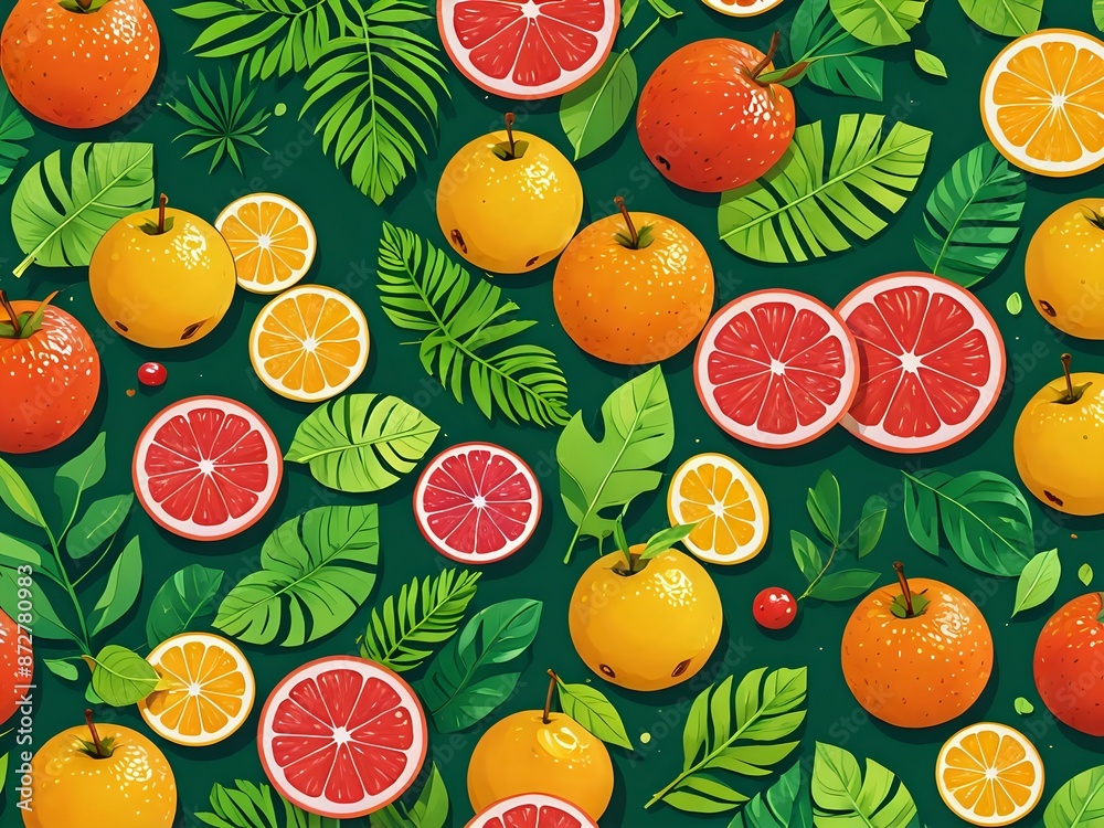 Colorful illustration of citrus fruits, leaves, and berries. Colorful illustration of citrus fruits, leaves, and berries.