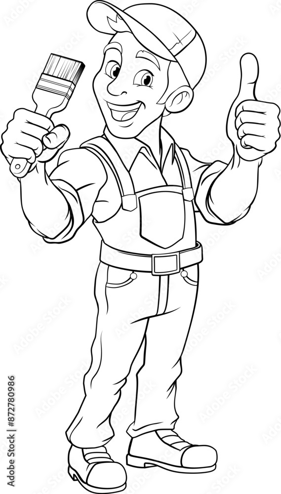 A painter decorator handyman cartoon construction man mascot character holding a paint brush tool A painter decorator handyman cartoon construction man mascot character holding a paint brush tool