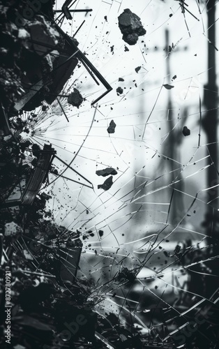 Shattered glass and debris create a chaotic abstract pattern against a blurred background of power lines.
