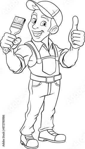 A painter decorator handyman cartoon construction man mascot character holding a paint brush tool