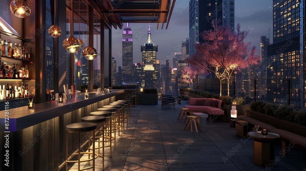 Fototapeta premium A contemporary terrace lounge with a sleek bar counter, stylish stools, and a view of a bustling cityscape at night.