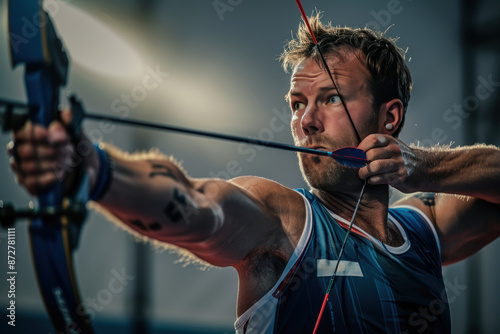 A modern archer aims bow with precision, the spotlight highlighting focused expression. The equipment reflect sophistication of contemporary archery.