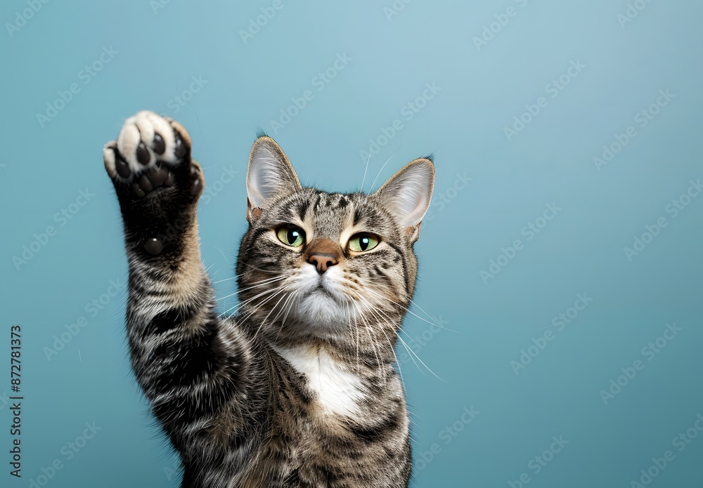 Tabby Cat Paw Raised Blue Background Tabby Cat Paw Raised Blue Background