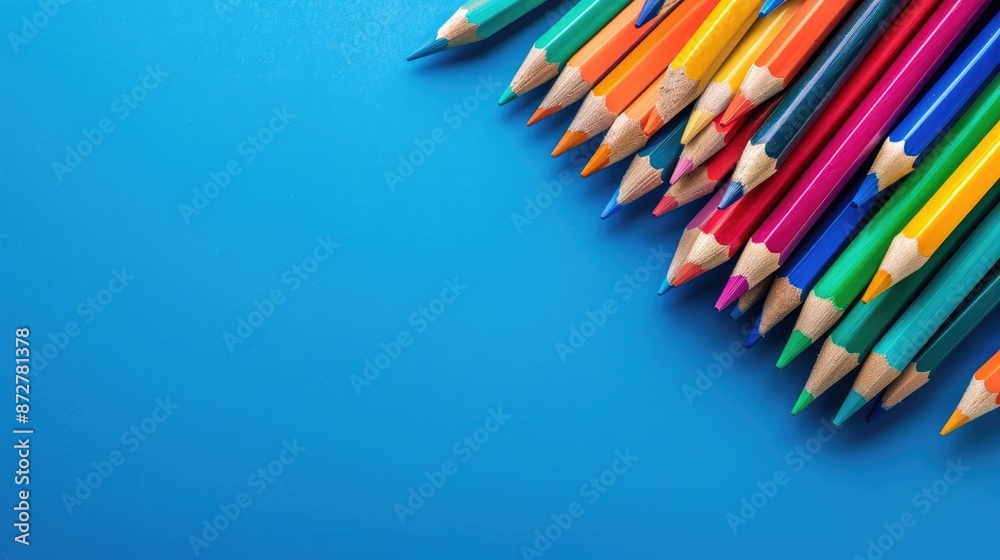 Set of colored pencils on blue background with copy space Set of colored pencils on blue background with copy space