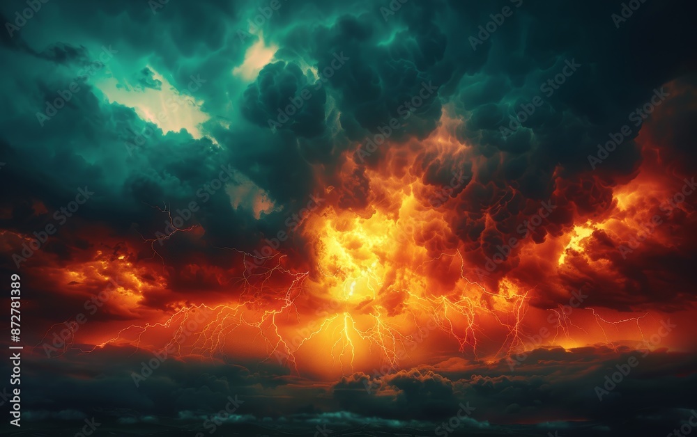 Dramatic sky with fiery clouds and lightning strikes. A powerful and intense image depicting the power of nature. Dramatic sky with fiery clouds and lightning strikes. A powerful and intense image depicting the power of nature.