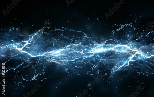 Abstract blue electrical lightning bolts on a black background.