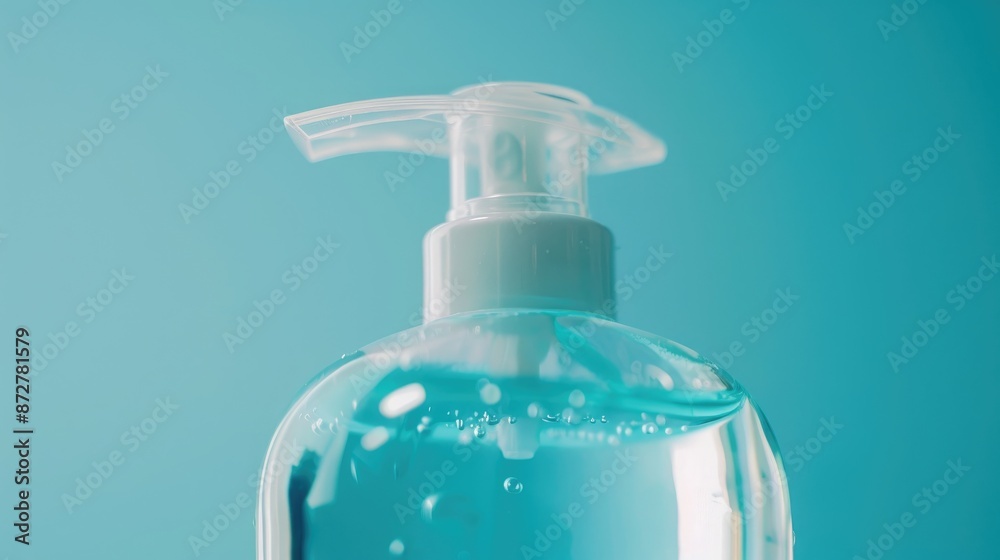 Close up of liquid soap dispenser on blue background for cleanliness and hygiene Close up of liquid soap dispenser on blue background for cleanliness and hygiene