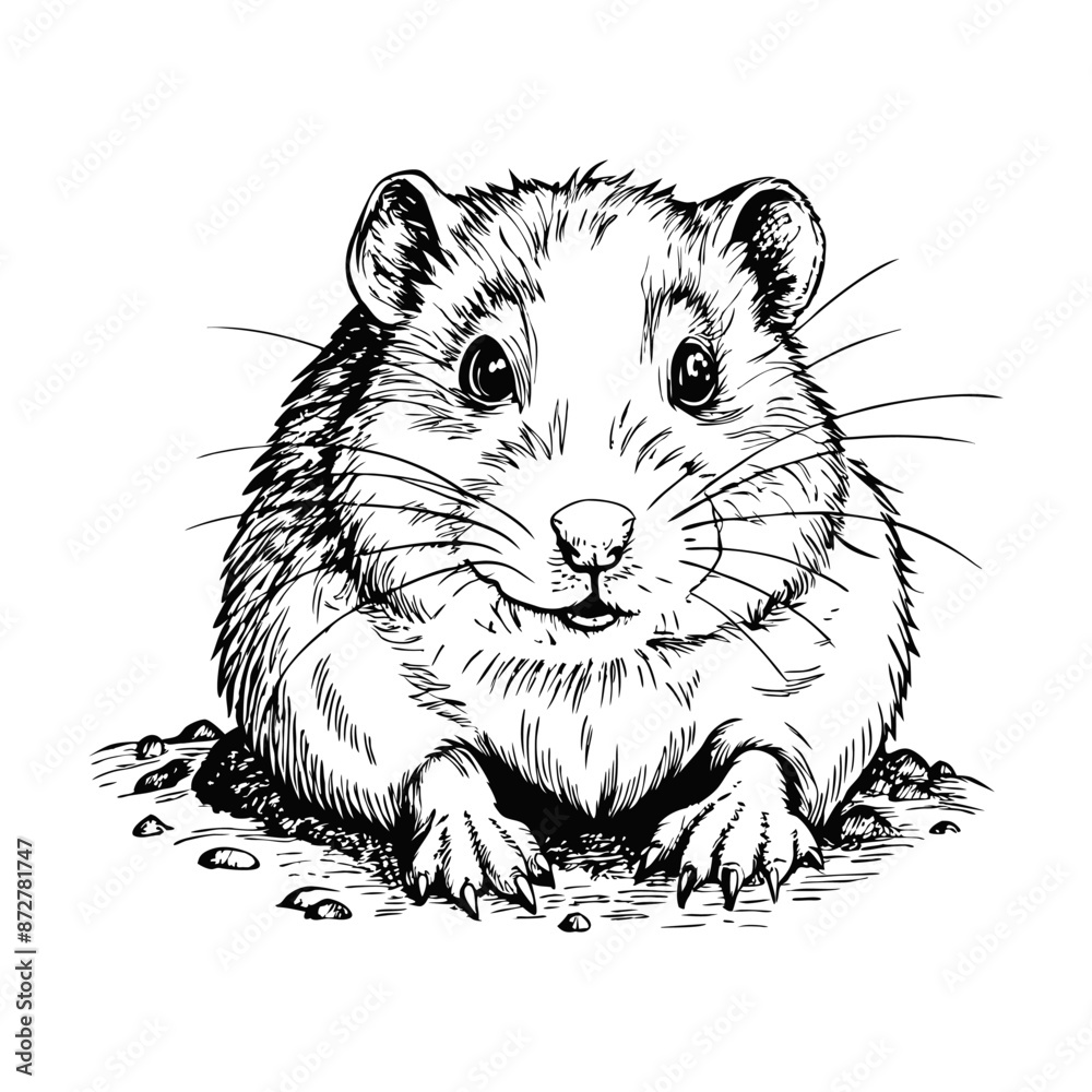 Sketch of a hamster with puffy cheeks, side view, on a white background Sketch of a hamster with puffy cheeks, side view, on a white background