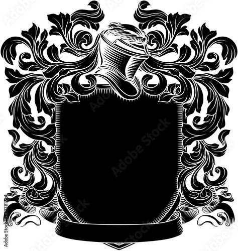 Coat of arms crest knight family medieval shield heraldry heraldic armorial motif. Featuring a knights helm helmet in a vintage etching engraving woodcut style