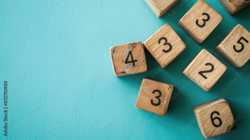 Turquoise background with numbered wooden cubes Turquoise background with numbered wooden cubes