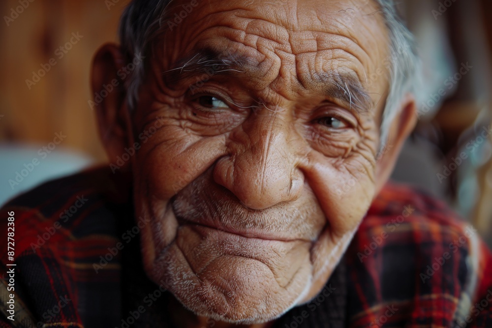 A close-up portrait of an elderly man with a warm and friendly smile, wearing a plaid jacket. The warmth in his eyes exudes kindness and contentment. A close-up portrait of an elderly man with a warm and friendly smile, wearing a plaid jacket. The warmth in his eyes exudes kindness and contentment.