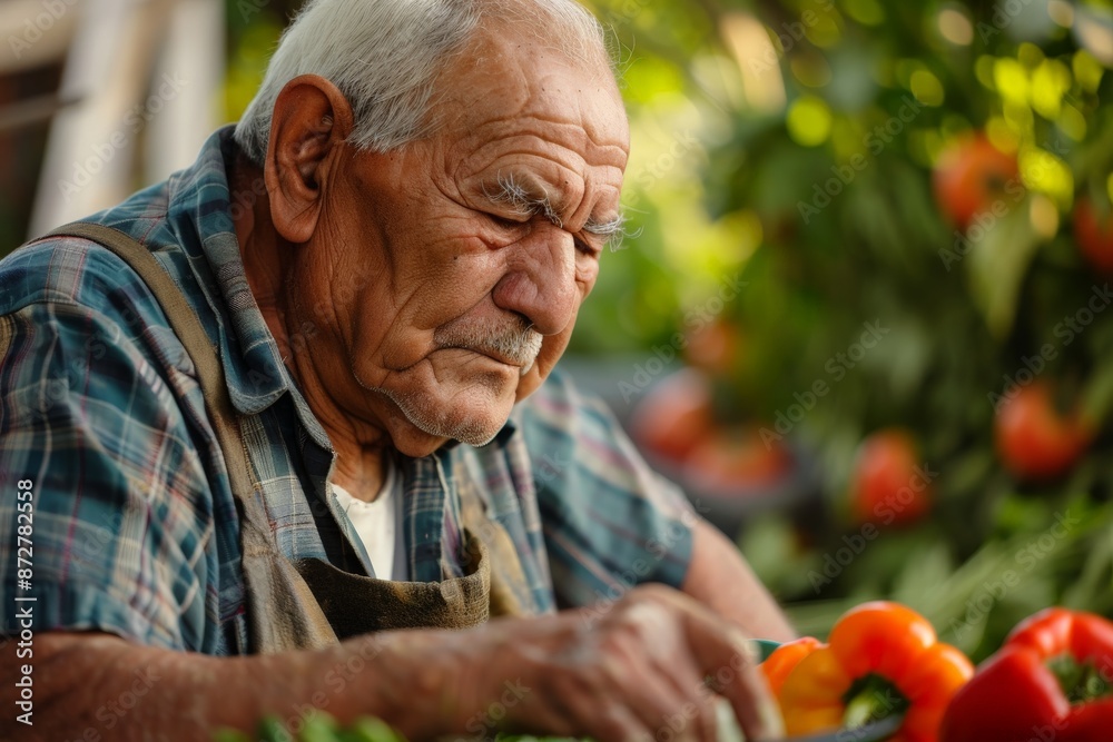 An elderly person is captured at a market stall, skillfully handling and arranging fresh vegetables, surrounded by vibrant produce and greenery. Vivid and lively scene. An elderly person is captured at a market stall, skillfully handling and arranging fresh vegetables, surrounded by vibrant produce and greenery. Vivid and lively scene.