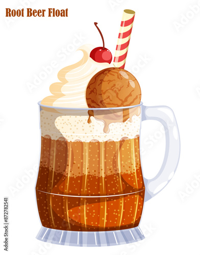 Root Beer Float with Chocolate Ice Cream in a Glass Mug Vector Illustration