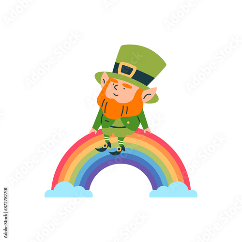Vector illustration of a joyful leprechaun sitting on a rainbow in a green suit